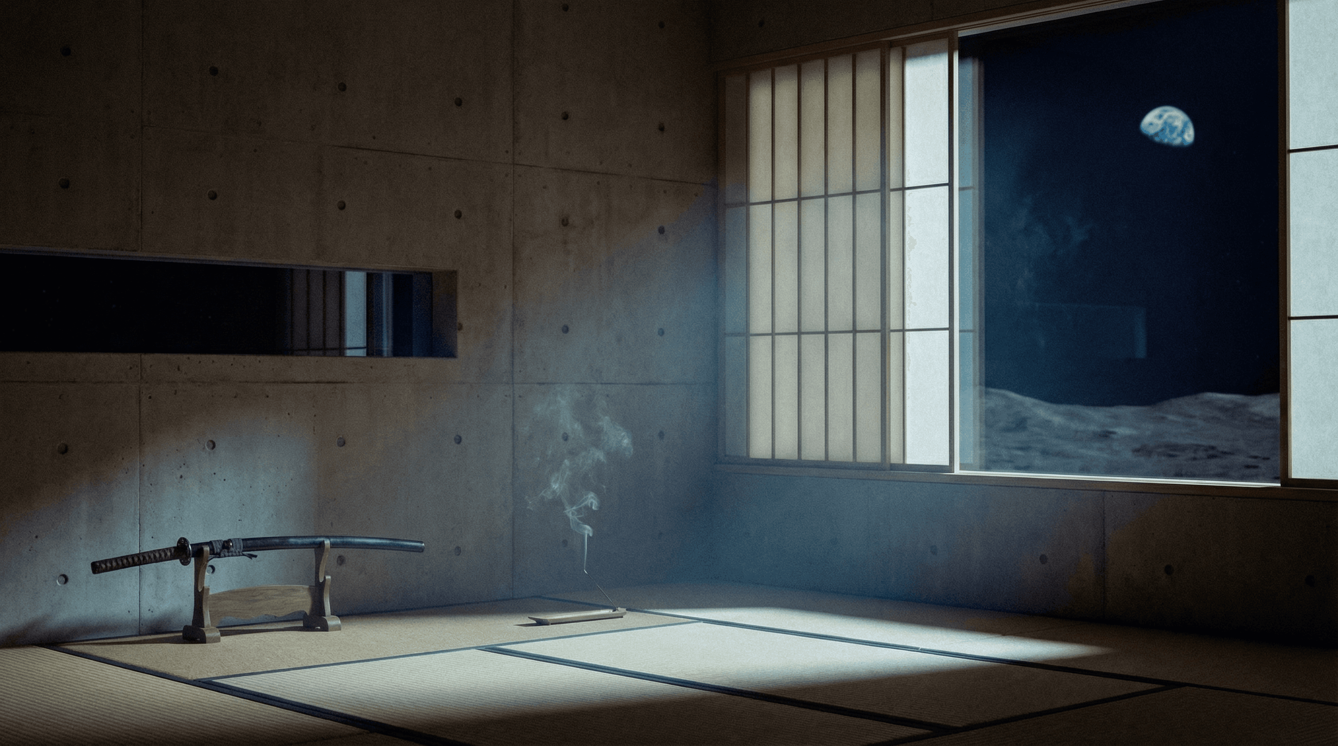 Zen dojo interior on the lunar surface