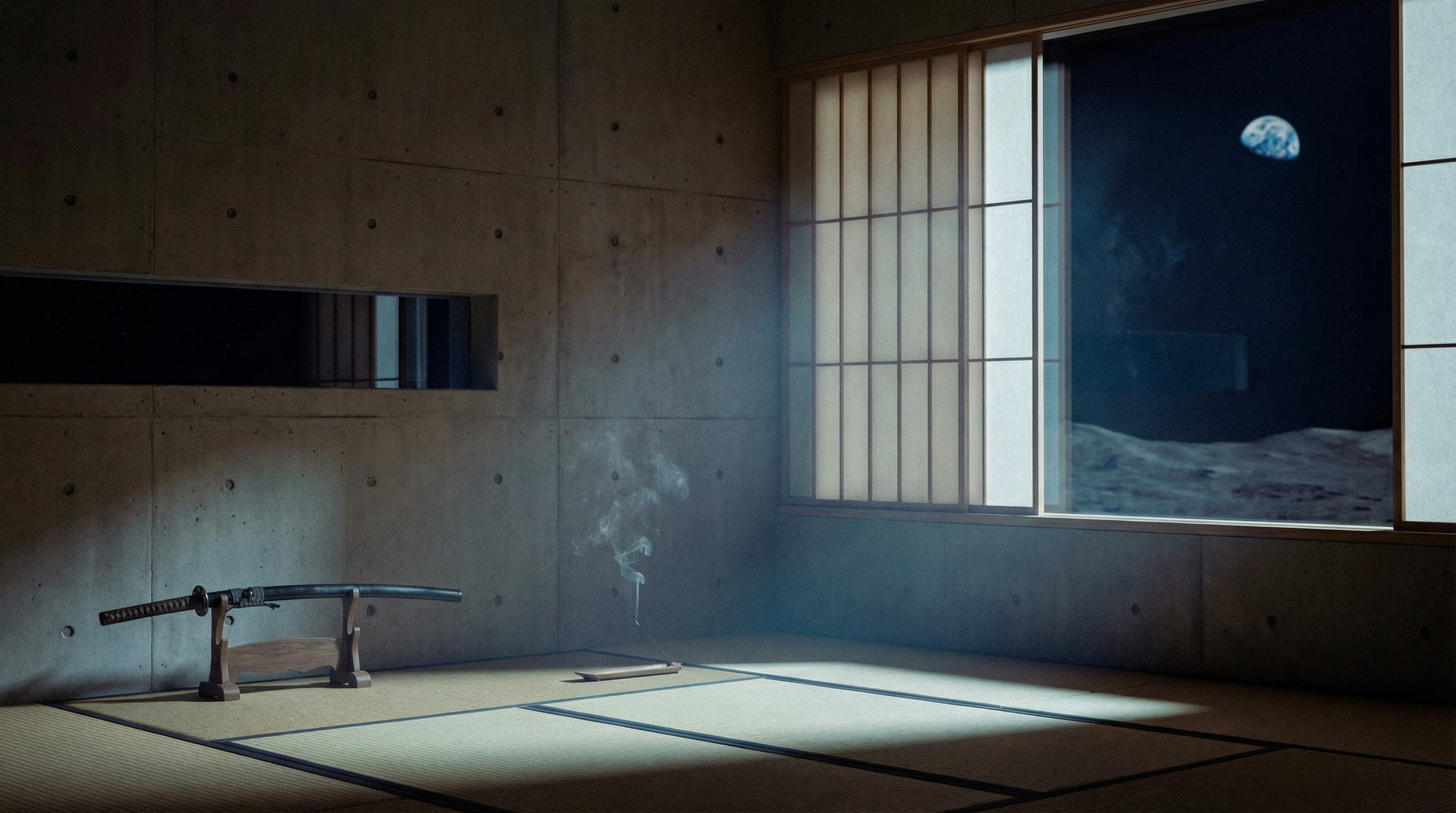 Zen dojo interior on the lunar surface