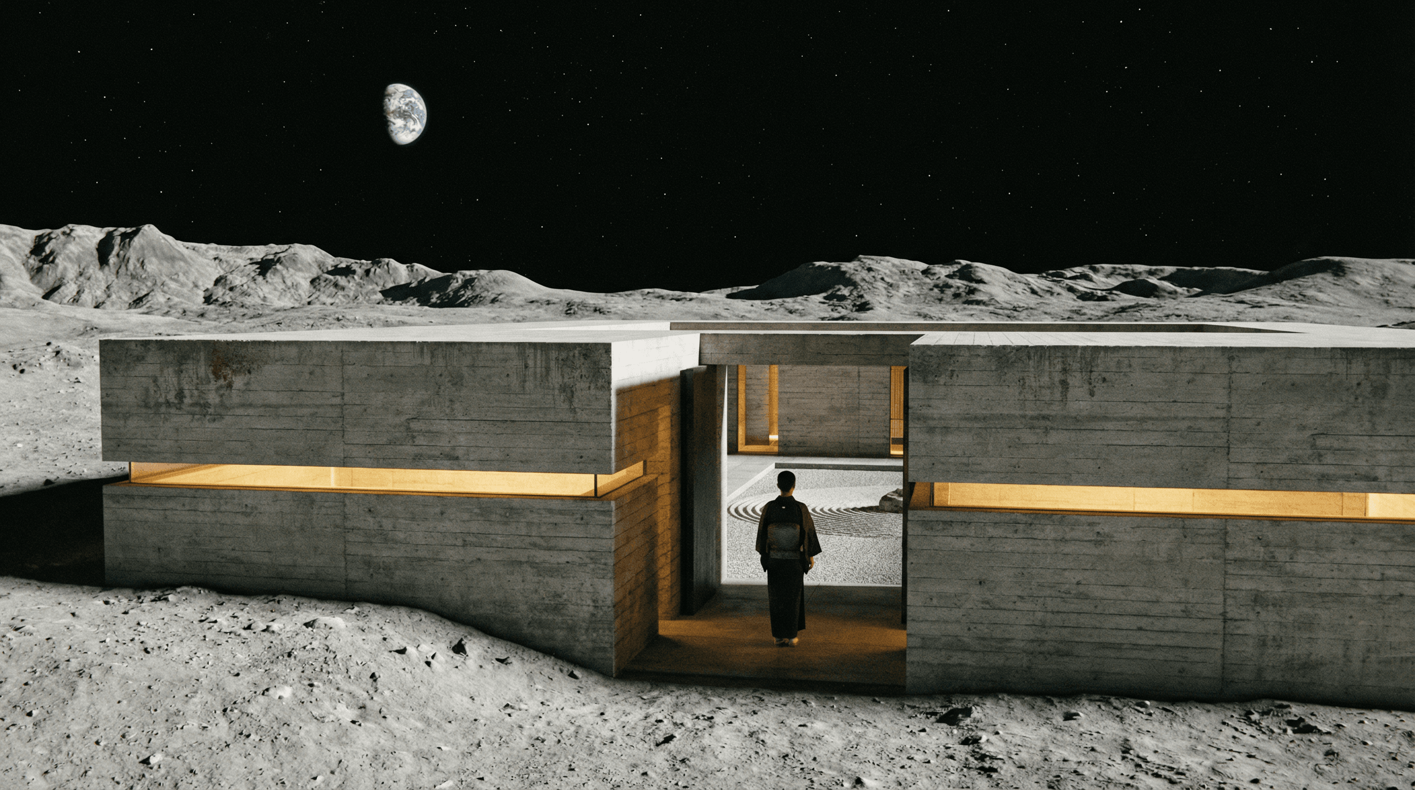 Moon Dojo exterior — Tadao Ando architecture on the lunar surface